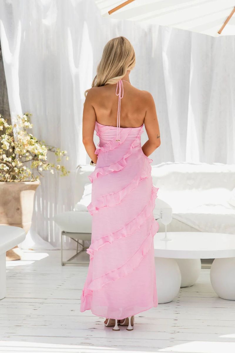 Women's Elegant Sleeveless Halter Neck Dress - Solid Color Multi-Layer Ruffle Summer/Autumn Dress (Fashionable & Stylish)_voghion.com