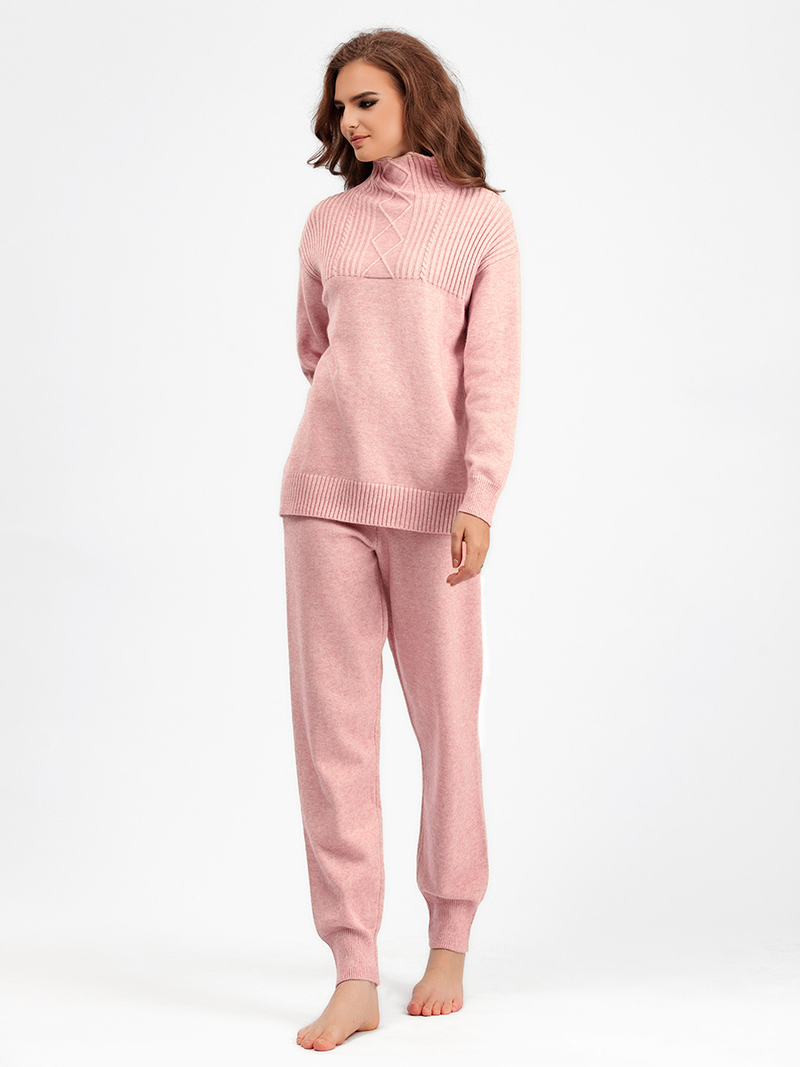 Ensemble de pantalons tricotés doux et polyvalents pour femmes, col mi-haut, pull ample décontracté, vent doux_voghion.com