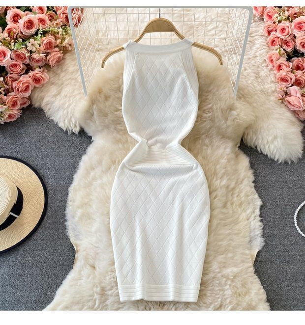 Damen Rundhals Ärmelloses Strick Neckholder Off-Shoulder Kleid Sexy Hüftbetontes Kurzrockkleid_voghion.com