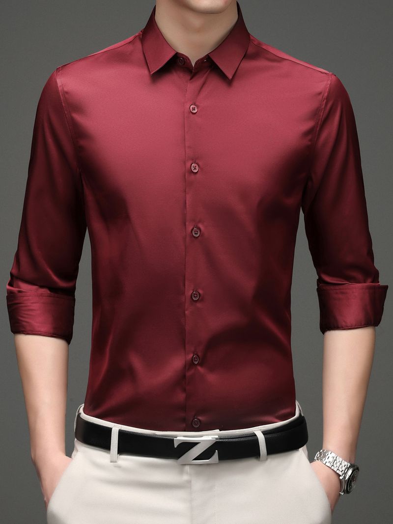 Men's Silk-Satin Dress Shirt – Luxury Long Sleeve Button-Up For Weddings & Parties (38-46, Wrinkle-Free, 11 Colors, Moisture-Wicking)_voghion.com