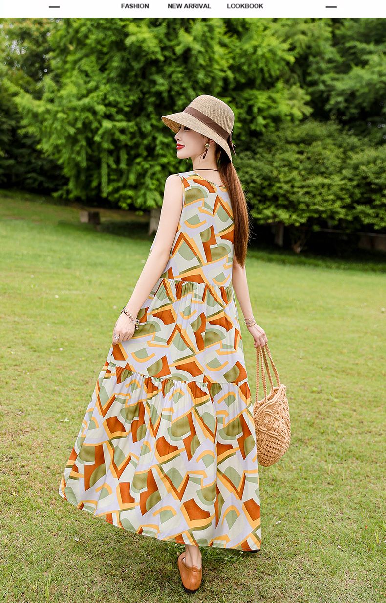 Französischer Stil High-End für Frauen Sommer 2025 Neue lose Plus Size Extra lange Baumwolle Blumenweste Kleid Falten Outfit_voghion.com