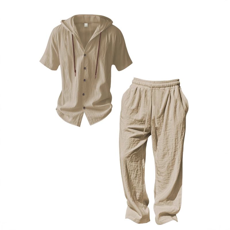 25 Set di pantaloni lunghi larghi con cappuccio e maniche in cotone e lino, casual e sportivo da uomo_voghion.com