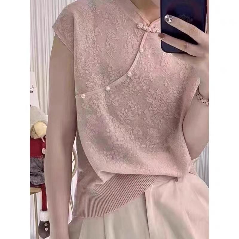 Nouveau pull tricoté boutonné de style occidental de style chinois polyvalent à manches courtes avec base jacquard chic_voghion.com