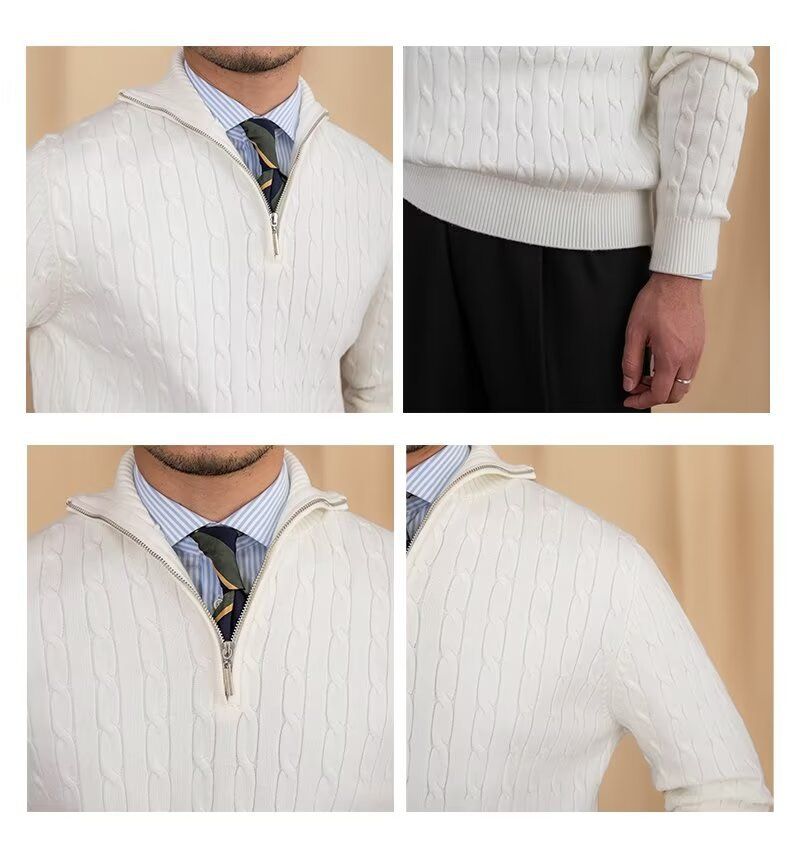 Men's Clothing Cozy Retro Zip-Up Knit Sweater For Men & Women, Soft Pullover With Embroidered Badge, Loose Fit Casual Wear, Black/White, Sizes M-3XL_voghion.com