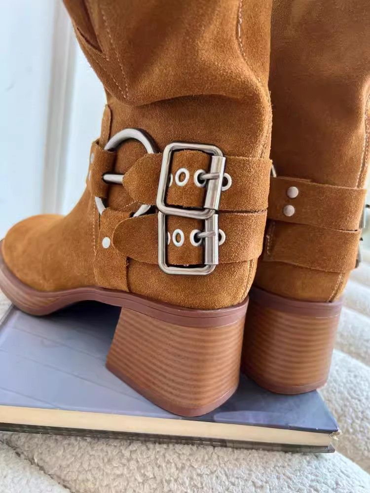 Matte Cowhide Western Cowboy Women's Genuine Leather Thick Heeled Short Boots, Square Toe Brown High Heels,_voghion.com