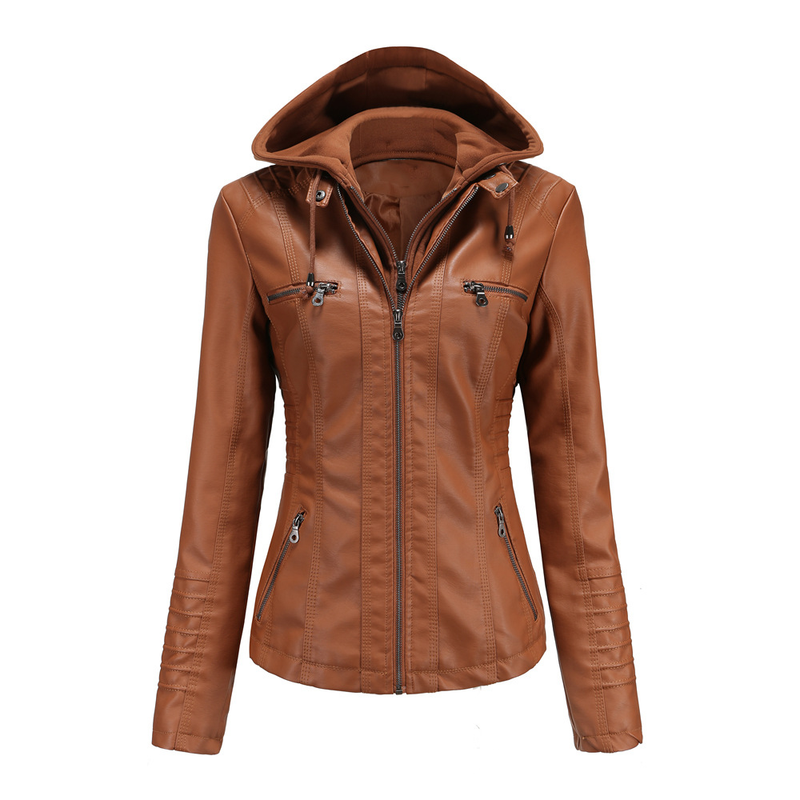 Giacca in pelle con cappuccio da donna, set da due pezzi, staccabile, di grandi dimensioni, in pelle PU lavata da donna_voghion.com