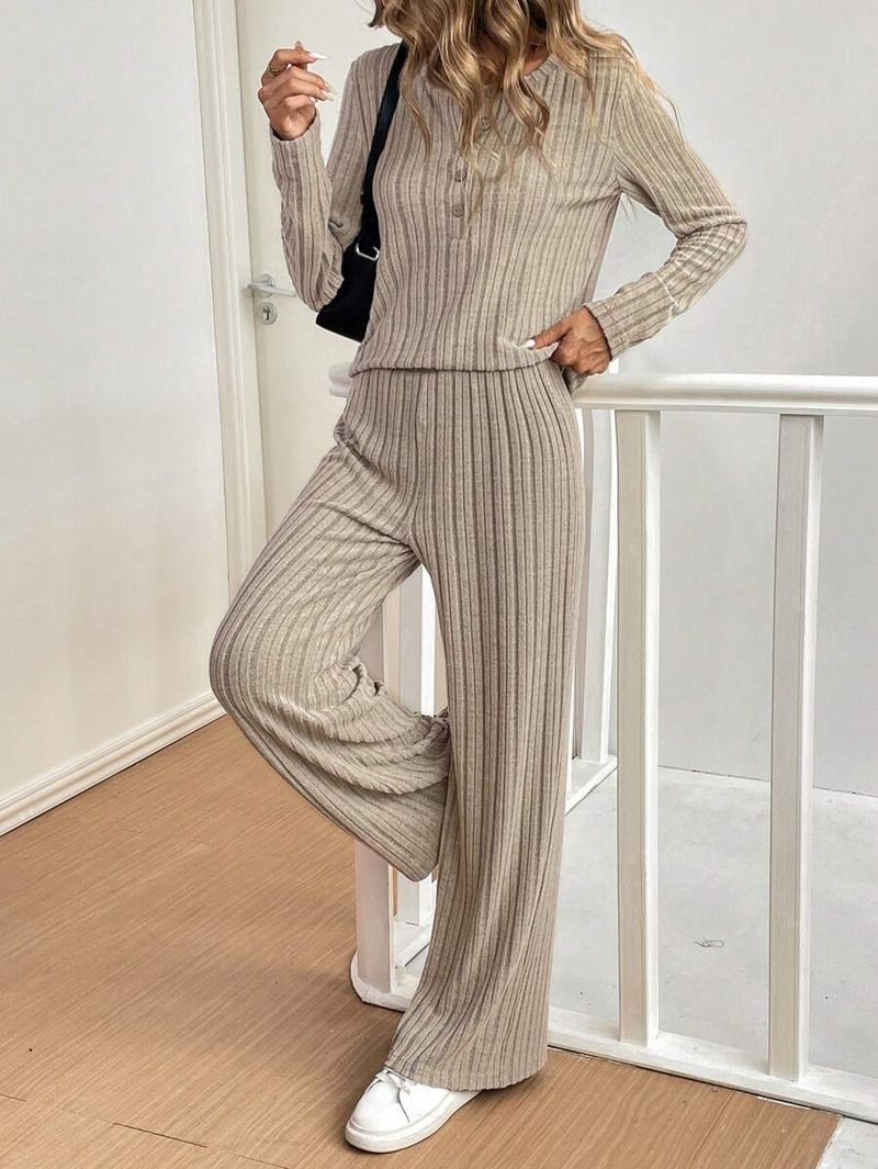 Women's Clothing Fashion Casual Straight Pants Temperament Loose Button Pit Striped Knitted Suit_voghion.com