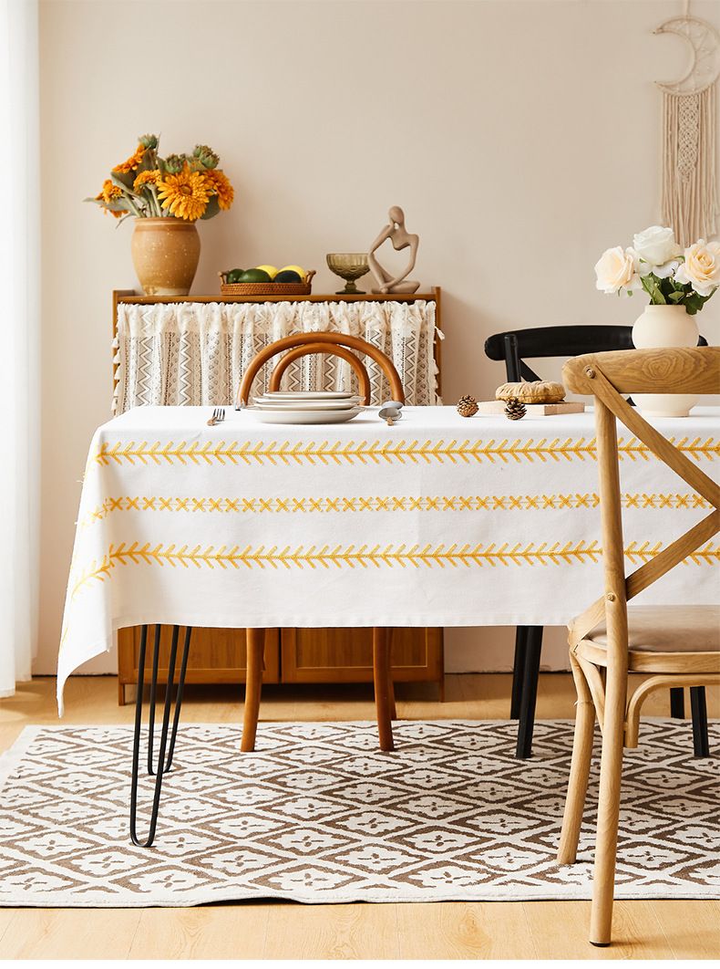 Tablecloth Yellow - Polycotton Embroidered With Cross/Arrow, Heat-Resistant & Wrinkle-Free, For Dining Table, Coffee Table Or Dorm Decor_voghion.com
