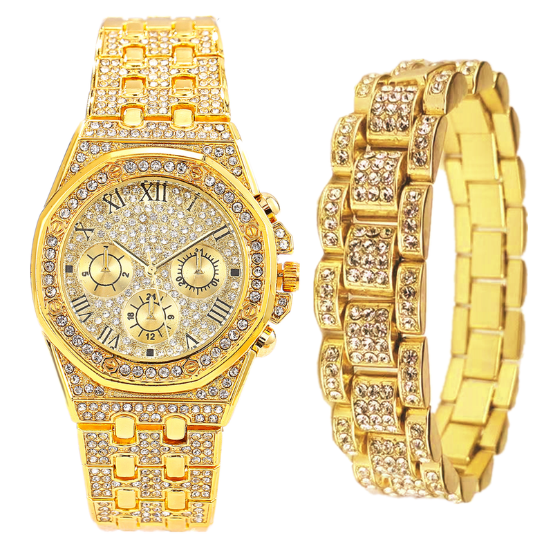 Zegarek na bransoletce dla mężczyzn Iced Out Clock Hip Hop Duży łańcuch Złoty zegarek na rękę Rhinestone Bling Męski zestaw prezentowy Religio Masculino_voghion.com