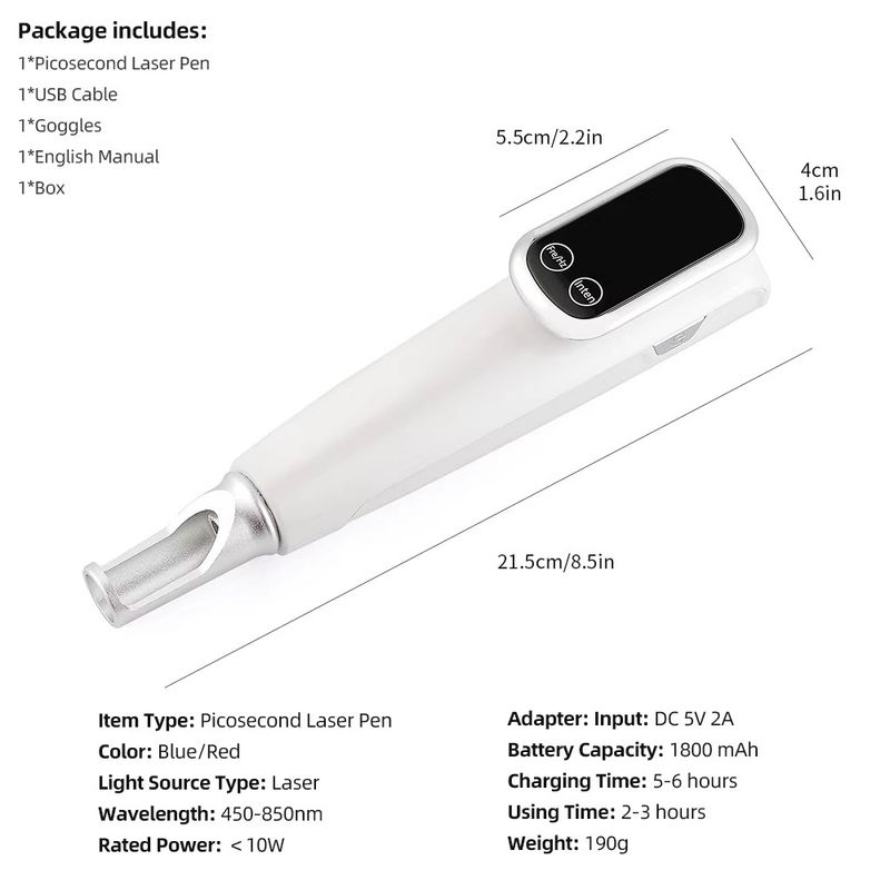 Lápiz de picosegundos de 9 niveles con pantalla táctil, terapia con láser de luz azul/roja, eliminación de manchas oscuras, cicatrices, tatuajes, carga USB, inalámbrico_voghion.com