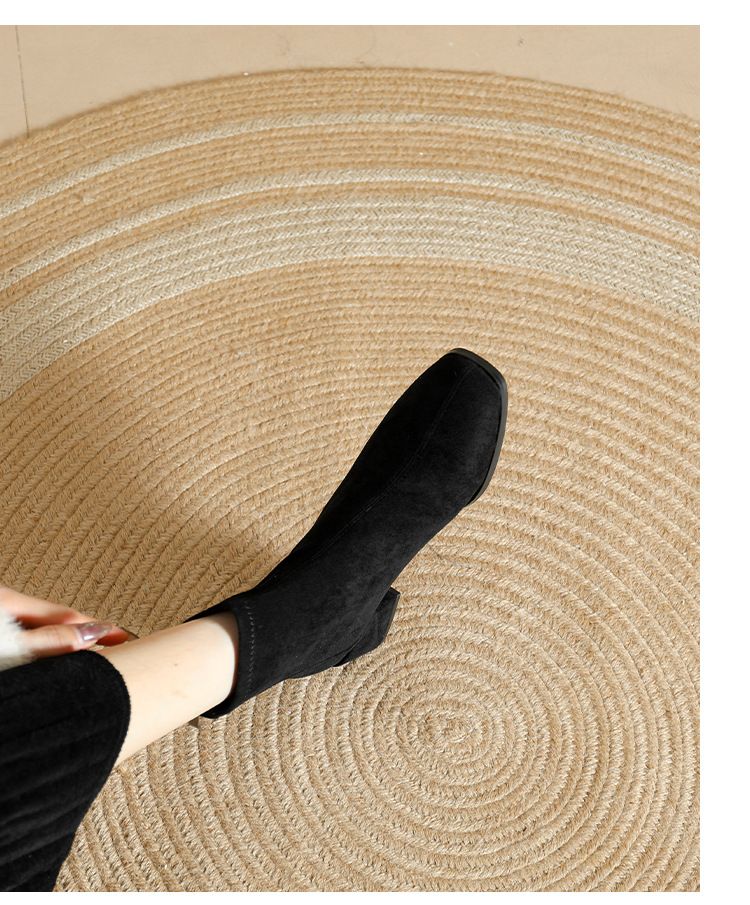 333-1 Autumn Winter New Korean Fashion Square Toe Short Suede Zipper Women's Chunky Mid-Calf High Heel Boots_voghion.com