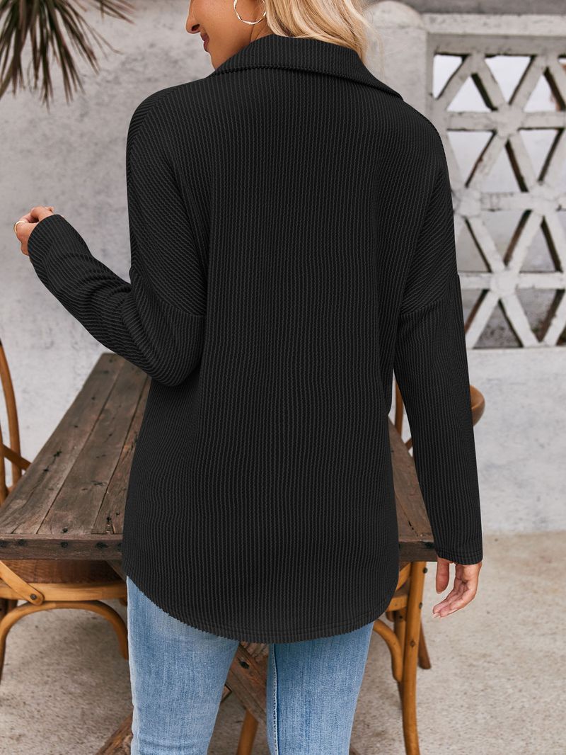 Damenbekleidung neue gestreifte Kontrastfarbe Tasche Langarm Shirt Strickjacke_voghion.com