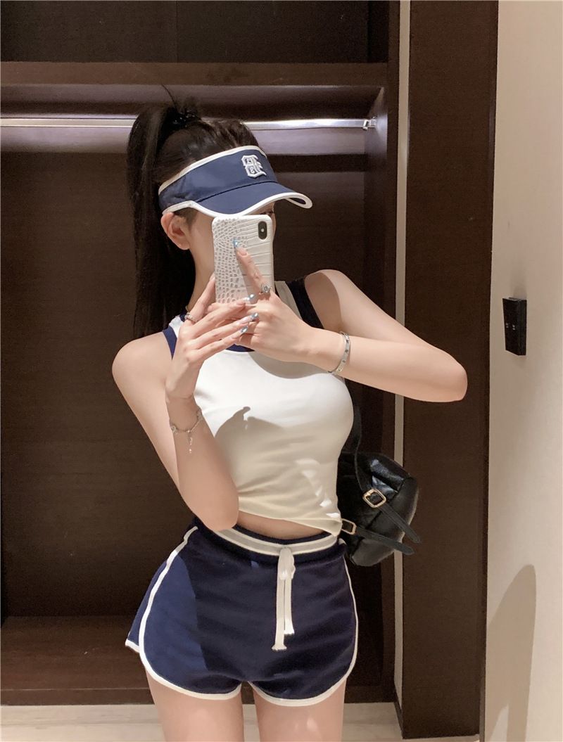 Yidaka Heartbeat Object Self-Reserved Desire Color-Block Tank Top Kordelzug Shorts Hot Pants Girly Zweiteiler_voghion.com