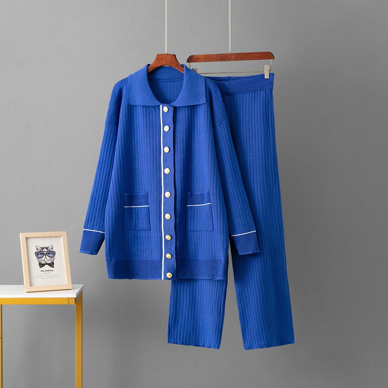 Ensemble 2 pièces en tricot surdimensionné pour femme – Cardigan boutonné sur le devant + pantalon large (noir/olive/kaki) – Ensemble en rayonne respirante pour le bureau et le salon._voghion.com