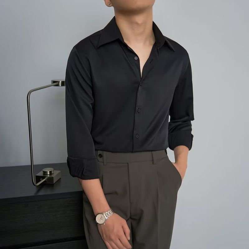 Autumn Black Long Sleeved Slim Fit Korean Version Business Formal Wear Men's Wine Red Wedding Shirt Elastic No Ironing_voghion.com