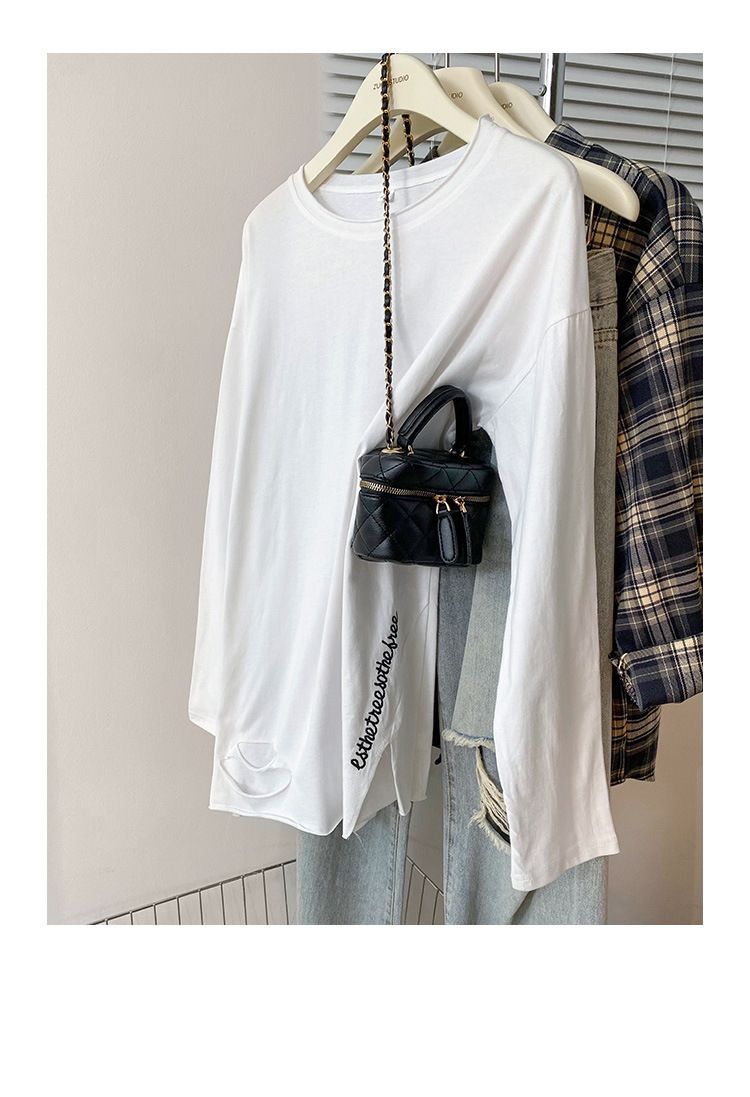 Women's mid-length, spring and autumn, Korean style, loose, belly-covering, hole-embroidered, inner top, bottoming shirt_voghion.com