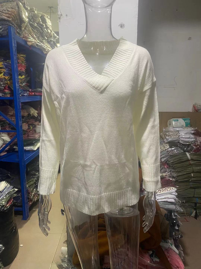 Pull de couleur unie pour femmes, col en v, manches longues, haut_voghion.com