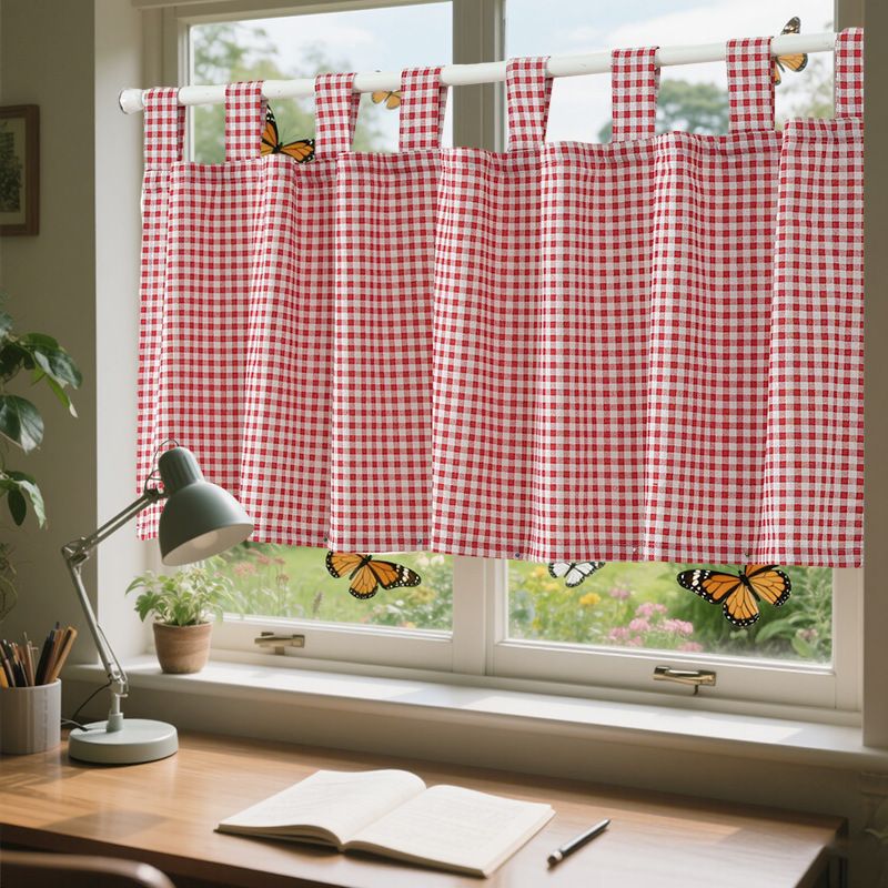 Cortinas xadrez boêmias para cozinha, quarto e cafeteria – Cortina de porta e janela de linho e algodão estilo Ins com borlas, xadrez vermelho/verde/preto_voghion.com
