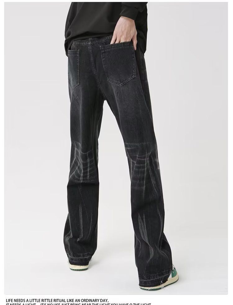 Schwarze verwaschene Distressed-Jeans für Herren, amerikanische gerade, stapelbare Vibe-Freizeithose mit Farbverlauf_voghion.com