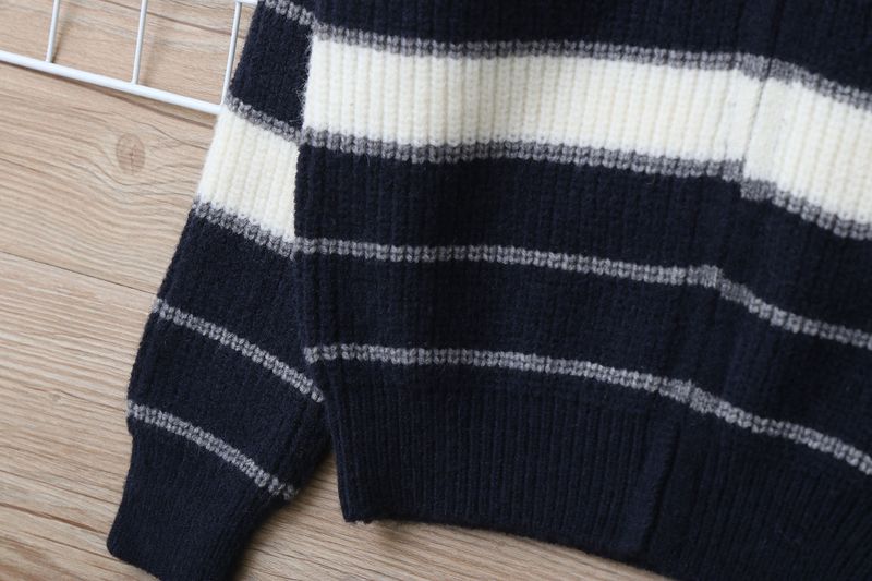 Strickjacke aus Lammwolle für Mutter und Kind, weicher, warmer Strickpullover für große Kinder (ab 8 Jahren), gestreiftes Design, lange Ärmel, Stehkragen (Grau/Marineblau)_voghion.com