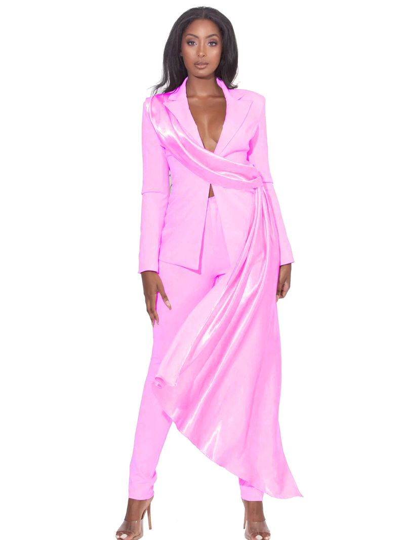 Women's sexy suit jacket two-piece solid color casual long-sleeved lapel button _voghion.com