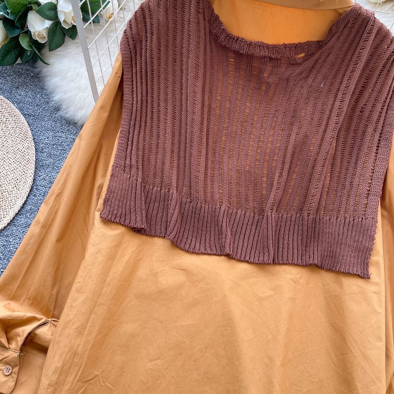 Oversized Shirt & Knit Shawl Two-Piece Set - Loose Fit Long Sleeve Blouse With Layered Chic_voghion.com