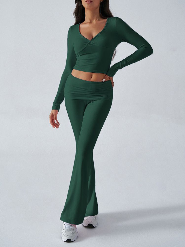 KaiKuo 2024 Automne Hiver Femmes Y2K Décontracté Sport Style Couleur Unie Haut Pantalon Évasé Ensemble 2 Pièces_voghion.com
