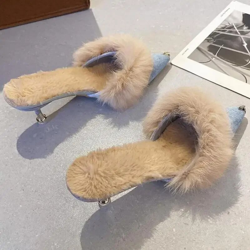 Bont Slippers Muilezels Puntschoen Elegante Hoge Hakken Schoenen Vrouwen Herfst Nieuwe Harige Slides Slippers Kantoor Werk Ytmtloy_voghion.com
