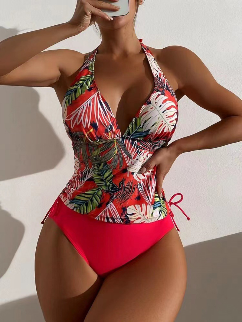 Maillot de bain femme triangle fendu dentelle couleur unie imprimé feuille maillot de bain bikini_voghion.com