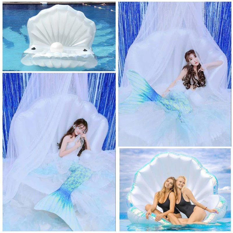 Trendy PVC Inflatable Shell With Balls Pearlescent White Scallop Bed Adult Water Swimming Ring Lounger Float_voghion.com