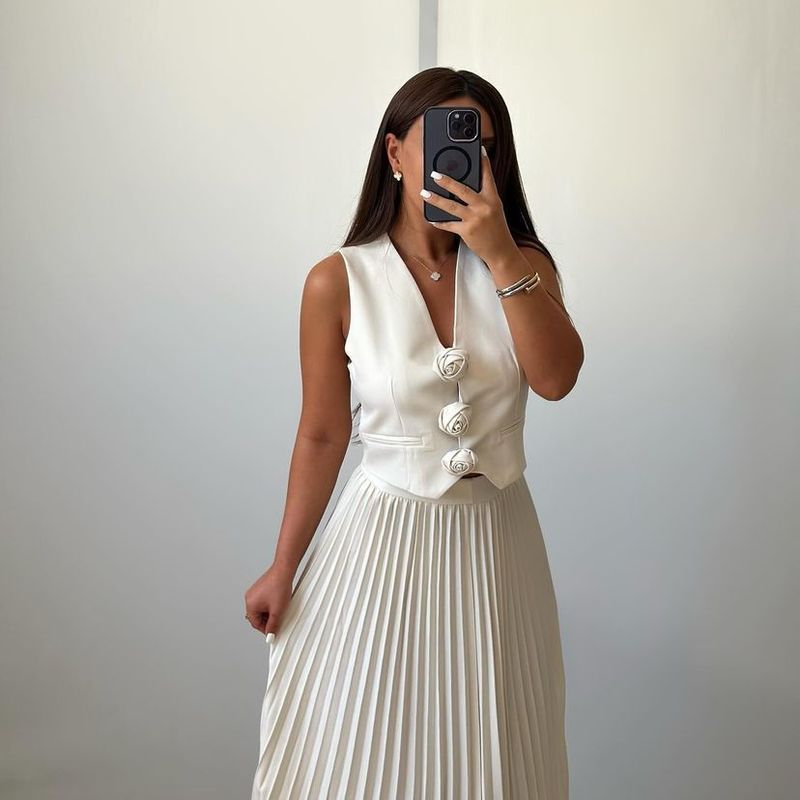 Ärmellose Weste, schwerer, halblanger, plissierter, langärmeliger High-End-Zweiteiler für Damen_voghion.com