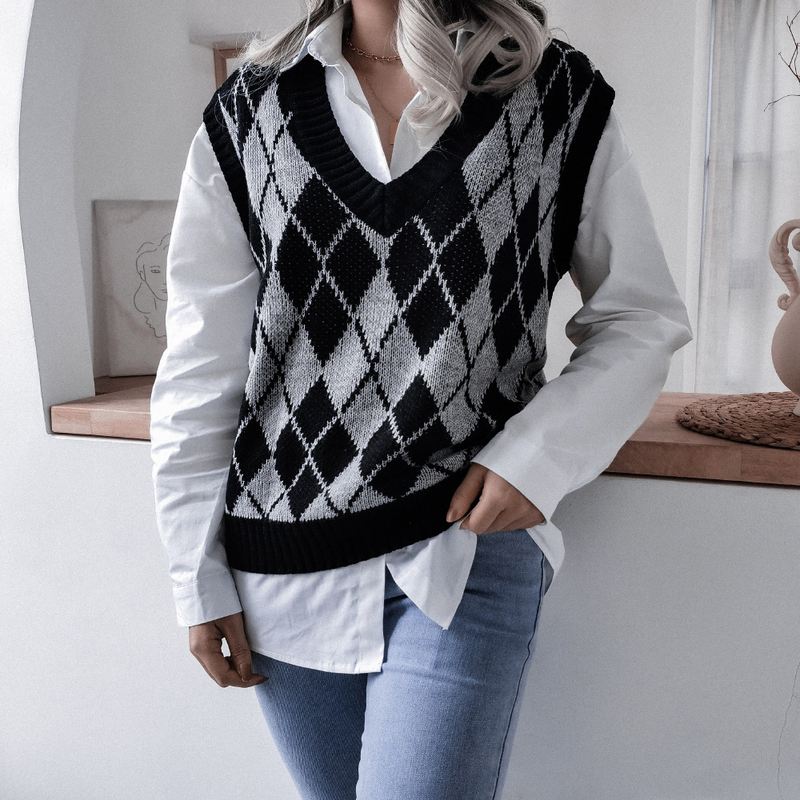 Vêtements pour femmes automne et hiver style collégial losange col en v décontracté gilet tricoté ample pull vêtements pour femmes_voghion.com