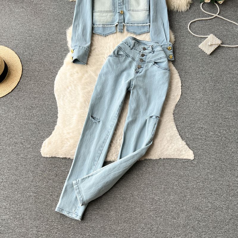 Abbigliamento da donna Dolce e fresco ragazza calda retrò design buco usurato vestito di jeans femminile autunno camicia a maniche lunghe + pantaloni a vita alta slim_voghion.com