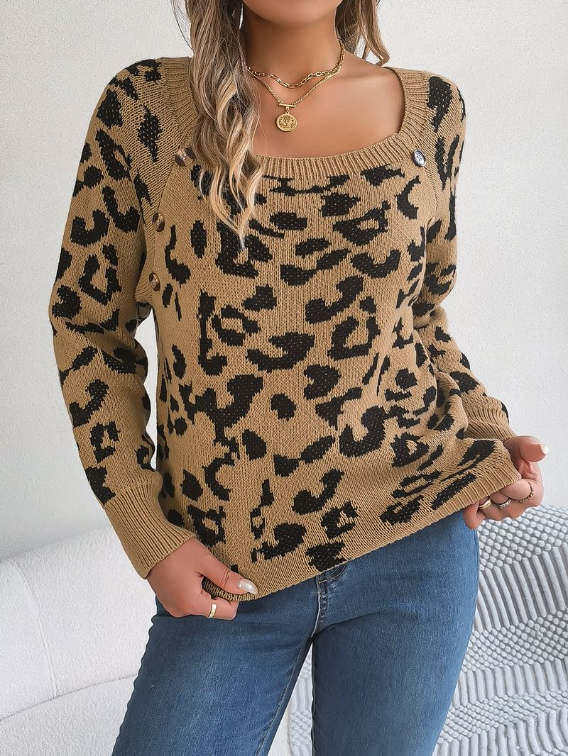 Maglione a maniche lunghe con stampa leopardata, a contrasto, con scollo quadrato, bottoni, casual, autunno e inverno 2024, abbigliamento da donna_voghion.com