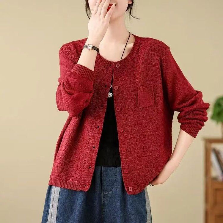 Cardigan rétro en maille de coton pour femme, col rond, manches longues, style automne 2024, vêtement d'extérieur tendance pour les diffusions en direct._voghion.com