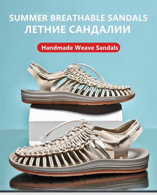 Zomer Heren Sandalen Mode Handgemaakt Weefontwerp Strand Ademend Casual Plat Buiten Koppels Maat_voghion.com