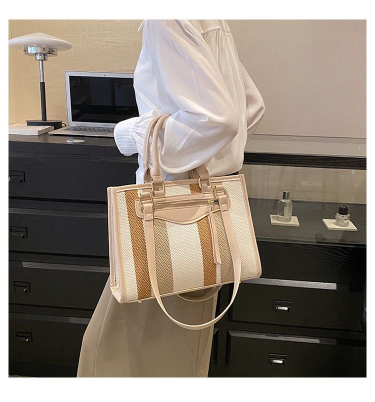 Baigou Luggage, Canvas Tote Bag, Women's 2024 New Contrasting Striped Handbag, Large Capacity Shoulder Bag_voghion.com