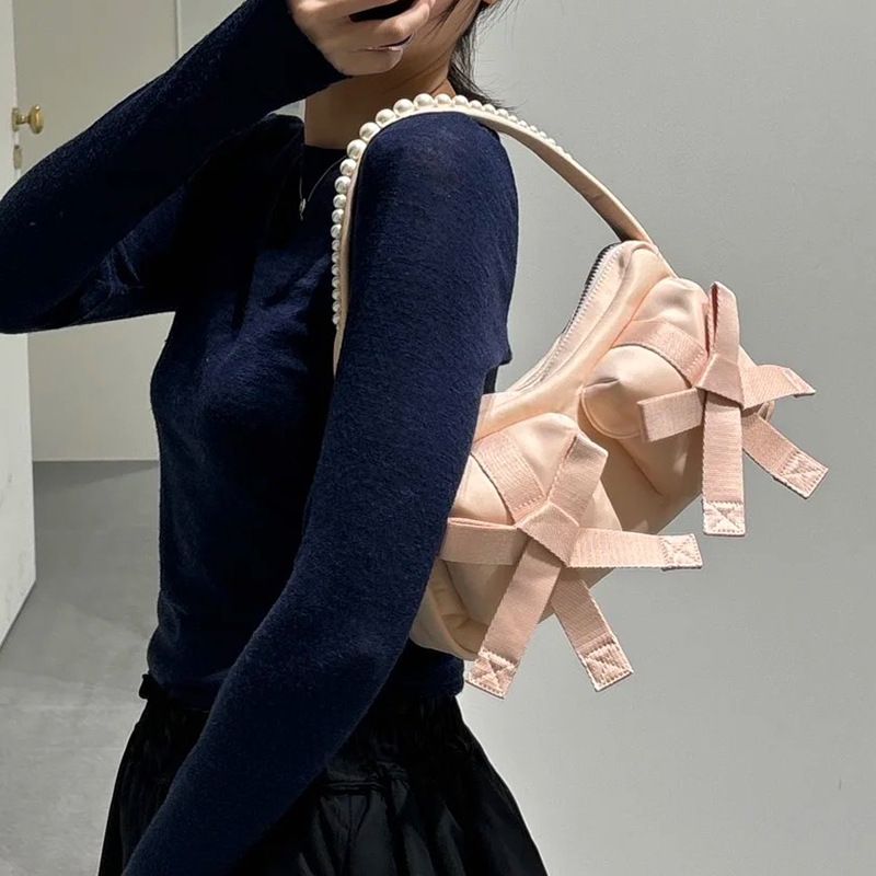 Niche Internet Celebrity Casual Hundred Pearls Strap Bow Single Shoulder Underarm Handbag 2025 Spring And Summer New Fashion Hundred_voghion.com