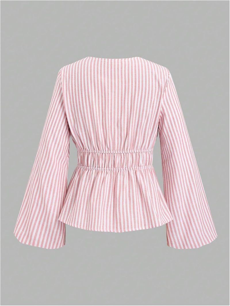 Women's Clothing Striped Front Tie Up Trumpet Sleeve Deep V Neck Elegant Ruffle Top_voghion.com