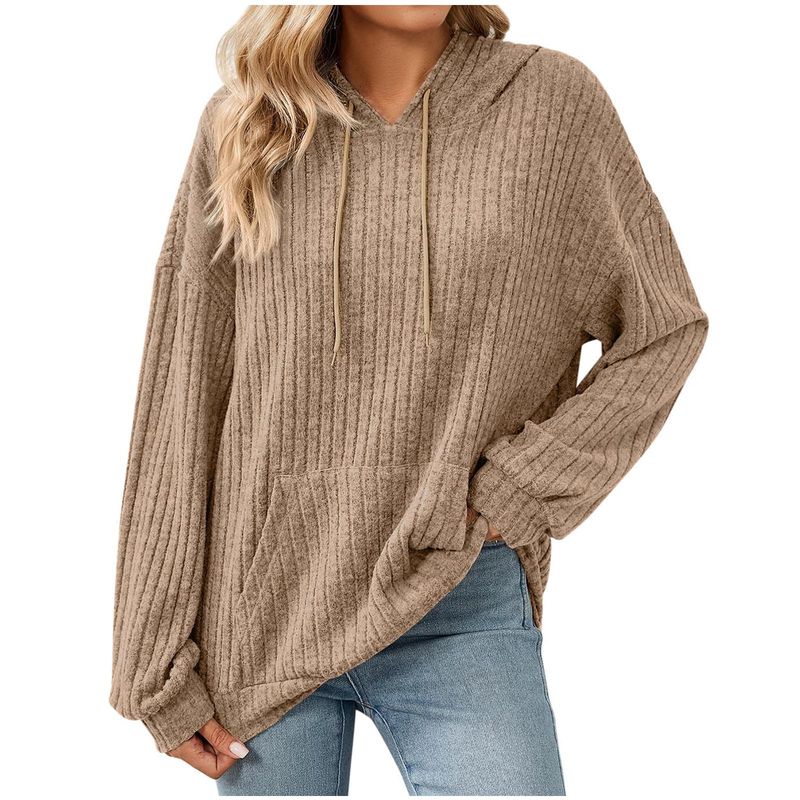 Felpa da donna con cappuccio e costine, nuova collezione autunno inverno 2025, tinta unita, manica lunga_voghion.com
