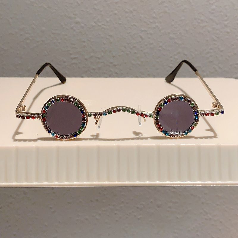 New Crown Mirror Round Small Frame Diamond Inlaid Mini Compact Hip Hop UV Resistant Sunglasses_voghion.com