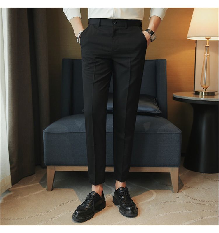 Nova versão coreana calças casuais masculinas verão nove pontos calças cor sólida calças casuais ajuste de cintura calças de qualidade slim-fit_voghion.com