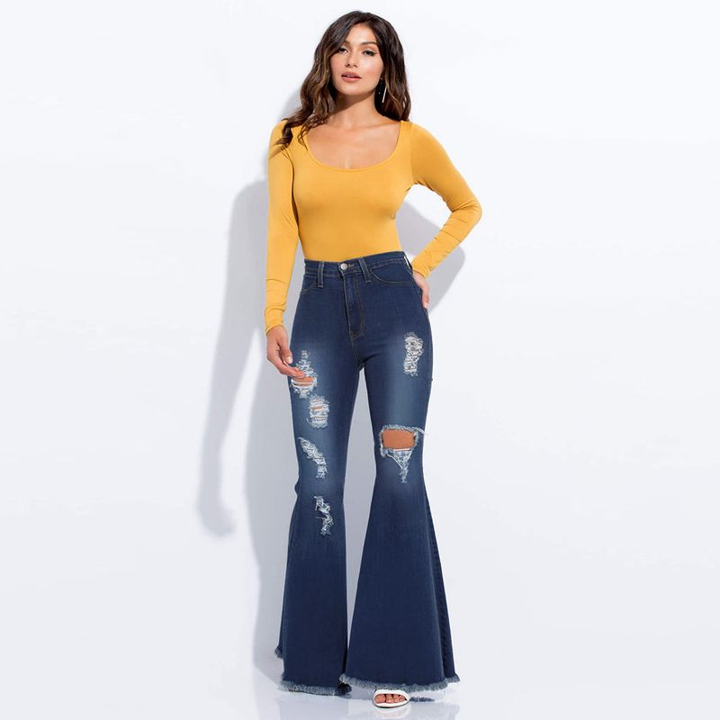 Modische Damenbekleidung mit weitem Bein, ausgewaschener, zerrissener Denim-Stretch-Schlaghose_voghion.com