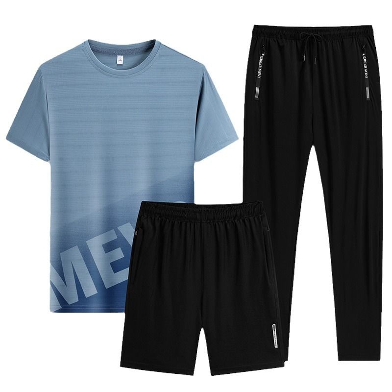 CT Summer Three-Piece Set Ice Silk Long Pants Casual Youth Sports Suit Men's Short Sleeve T-Shirt Shorts Trendy_voghion.com