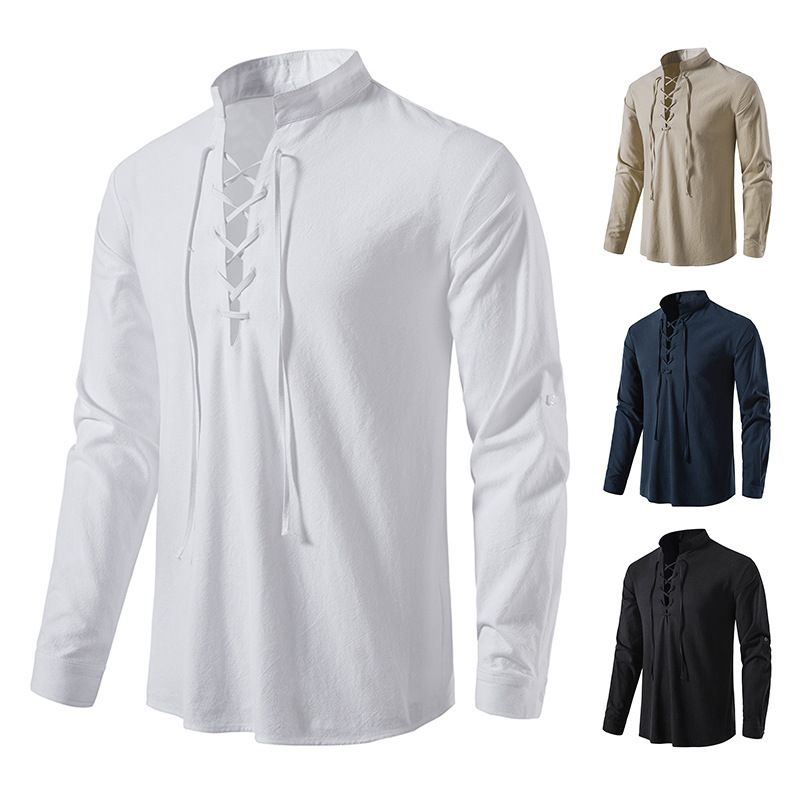 Camicia da uomo in cotone e lino Henley a maniche lunghe, stile hippie, casual, da spiaggia, con colletto rialzato, taglia europea_voghion.com