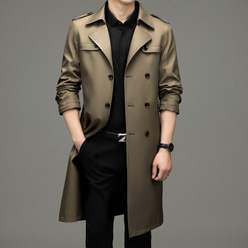 2025 Trench Coat With Turn-Down Collar, Mid-Length, Dad Style, Business Casual, Spring Summer, Middle-Aged Men's Jacket,_voghion.com