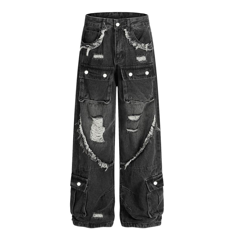 Jeans cargo strappati da uomo, pantaloni lunghi dritti a gamba larga, multitasche, lavati vintage, resistenti e alla moda_voghion.com