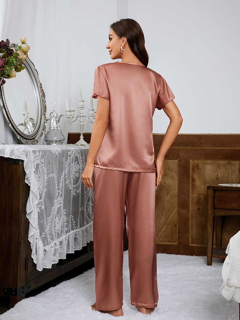 Ice Pyjama für Damen, Kurzarm und lange Hose, einfarbig, lockere Passform, neues Seiden-Homewear-Set, cooles Gefühl_voghion.com