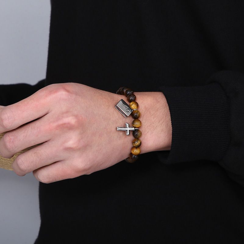 Pulsera de cuentas de ágata negra con microincrustaciones de circonita y corona, cruz masónica y piedra de ojo de tigre para hombre._voghion.com