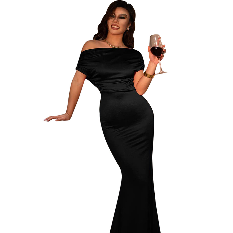 Rochie sexy pentru femei, cu mânecă scurtă, ușor șifonată, cu umeri oblici în față_voghion.com